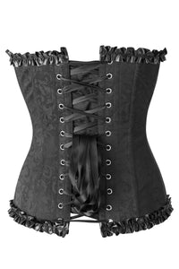 Corsé negro de brocado con escote corazón y adornos de volantes
