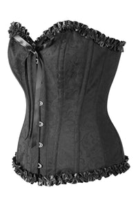 Corsé negro de brocado con escote corazón y adornos de volantes
