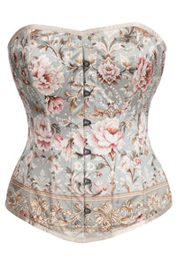 Vintage Floral Brocade Overbust Corset – Pastel Blue & Blush Peony