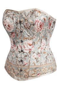 Vintage Floral Brocade Overbust Corset – Pastel Blue & Blush Peony