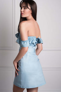Corset Story CSFT103 Denim Straight Bustline Corset Top With Off The Shoulder Sleeves