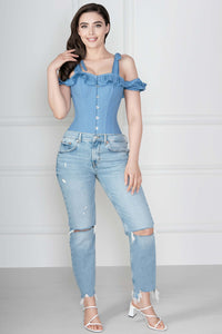 Sobrevesta de algodón azul aciano con mangas y tirantes Overbust