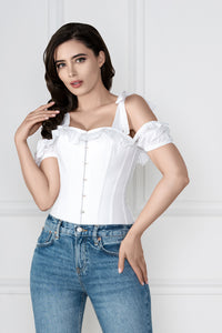 Corset Story FTS022 White Cotton Overbust With Sleeves And Shoulder Straps