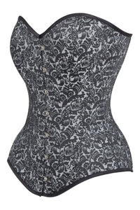 Corsé largo de brocado plateado con perforaciones en la cadera