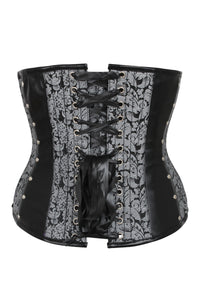 Corsé bajo pecho de brocado plateado y PVC con cierre delantero y trasero Underbust