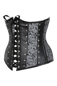 Corsé bajo pecho de brocado plateado y PVC con cierre delantero y trasero Underbust