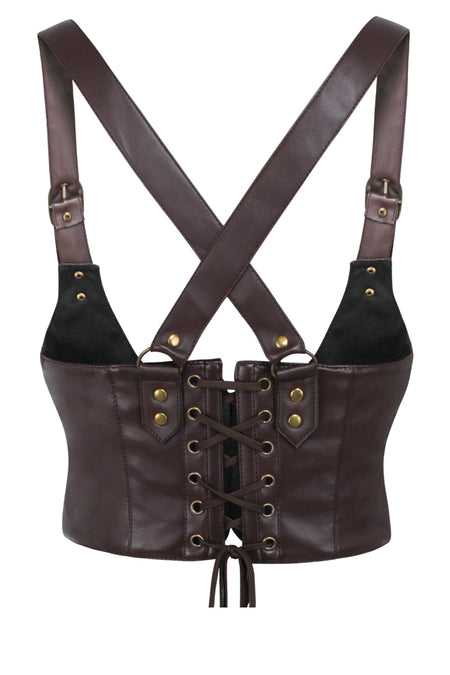 Corsé de arnés de piel sintética marrón Underbust