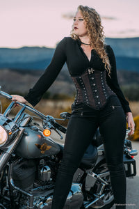 Corsé Steampunk marrón y negro con busto de acero y gancho giratorio Underbust
