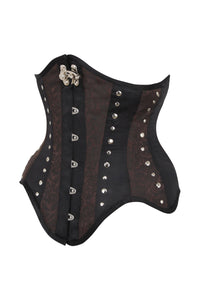 Corsé Steampunk marrón y negro con busto de acero y gancho giratorio Underbust