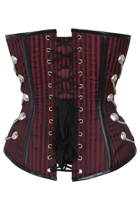 Sobrepantalón Steampunk a rayas rojas y negras con ganchos y cadenas oscilantes Overbust