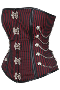 Sobrepantalón Steampunk a rayas rojas y negras con ganchos y cadenas oscilantes Overbust