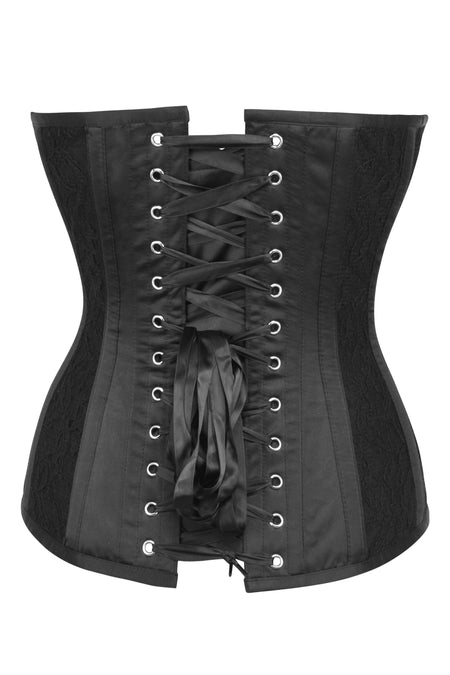 Corset Story BC-009 Black Satin Edwardian Longline Overbust Corset with Lace Overlay panels