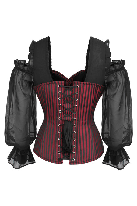 Corset Story BC-021 Long Sleeve Red and Black Striped Overbust Corset with Chiffon Sleeves