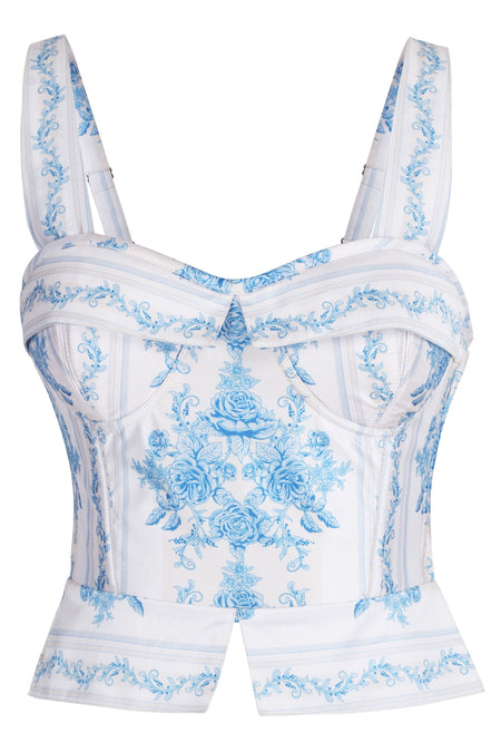 Vintage Blue Floral Toile Shoulder Strap Corset Top