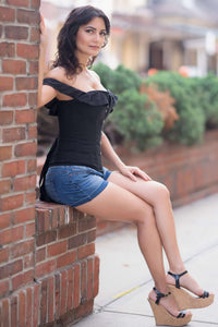 Corset Story CSFT102 Black Cotton Straight Bustline Corset Top With Off The Shoulder Sleeves