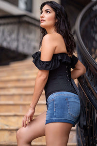 Corset Story CSFT102 Black Cotton Straight Bustline Corset Top With Off The Shoulder Sleeves