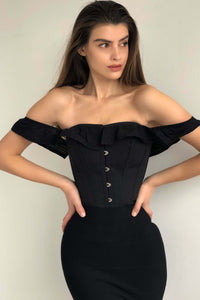 Corset Story CSFT102 Black Cotton Straight Bustline Corset Top With Off The Shoulder Sleeves