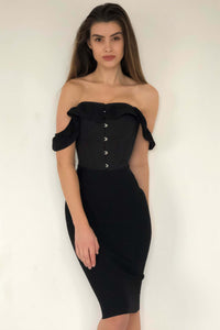 Corset Story CSFT102 Black Cotton Straight Bustline Corset Top With Off The Shoulder Sleeves