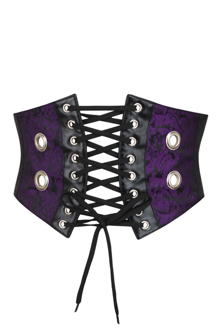 Cinturón inspirado en un corsé de brocado púrpura y PVC con cremallera y cordón frontal