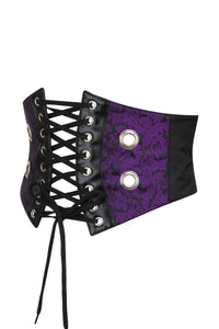 Cinturón inspirado en un corsé de brocado púrpura y PVC con cremallera y cordón frontal