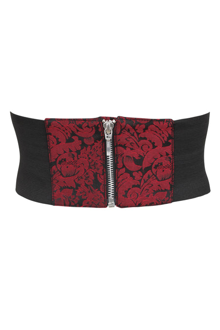 Cinturón con cremallera inspirado en un corsé de brocado rojo y PVC